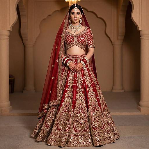 Photograph of a South Asian bride in a red and gold embroidered lehenga, matching dupatta, and intricate jewelry, standing in an ornate,