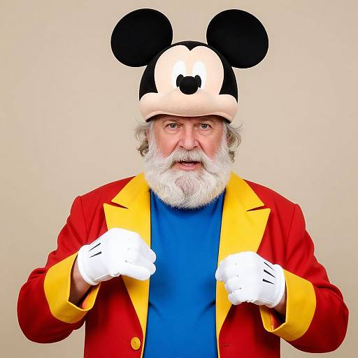 Photograph of an older white man with a white beard, wearing a red coat with yellow lining, blue shirt, white gloves, Mickey Mouse hat,