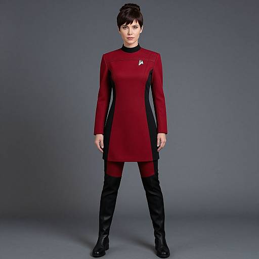 Photograph of a short-haired woman in a red, long-sleeve Starfleet uniform dress with black trim, black boots, and black tights