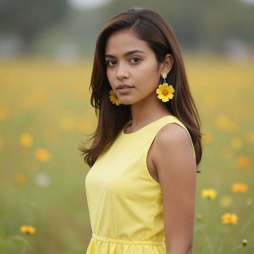 Photograph of a young South Asian woman with medium brown skin and long dark hair, wearing a yellow sleeveless dress and matching sunflower earrings, standing