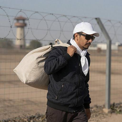 Sunlit Man Behind Barbed Wire Fence
