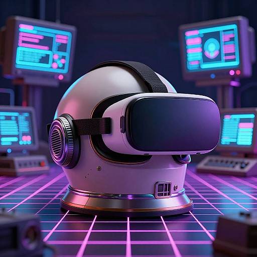 Photorealistic CGI of a futuristic white helmet with VR headset, black earphones, and metallic accents, centered on a neon-lit grid floor with