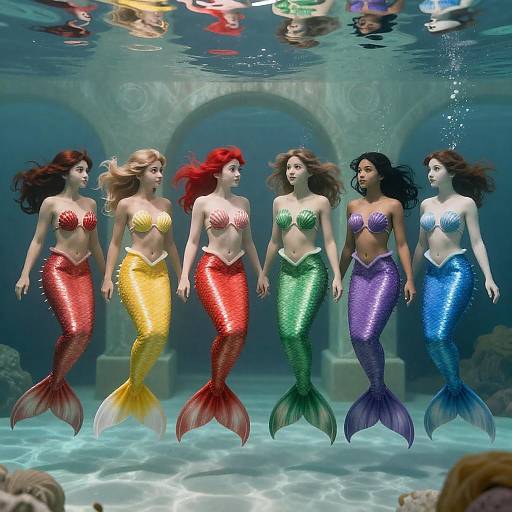 Colorful Underwater Mermaids in a Row