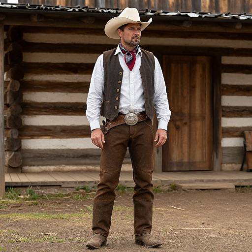Old West Cowboy Standing by Cabin