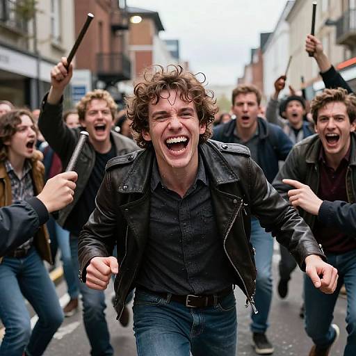 Photograph of a group of young men with curly brown hair, wearing black leather jackets and jeans, energetically running and shouting down a narrow urban