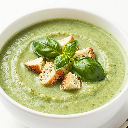 Photograph of creamy green soup with three pieces of toasted bread and two fresh basil leaves in a white bowl.