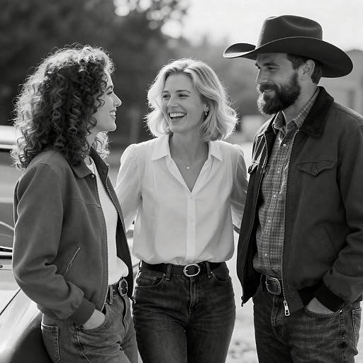 Black-and-White Smiling Trio by Car