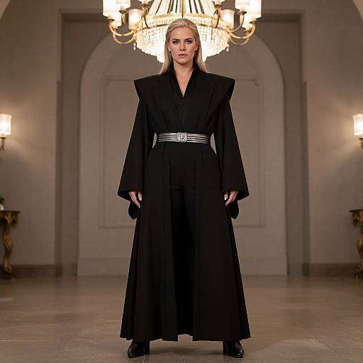 Photograph of a blonde woman in a long, black, high-neck gown with wide sleeves and a silver belt, standing in an elegant, dimly