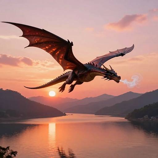 Dragon Flying Over Mountain Lake at Sunset