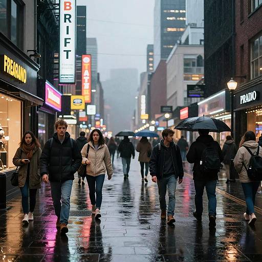 Photograph of a rainy urban street at dusk, people walking with umbrellas, neon signs, wet pavement, and misty background.