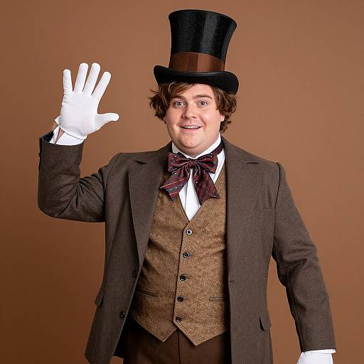 Photograph of a smiling man with brown hair, wearing a black top hat, brown tweed suit, white shirt, bow tie, and white gloves