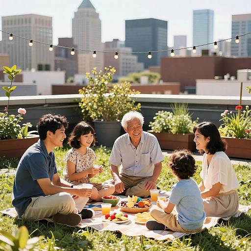Sunlit Rooftop Multigenerational Family Picnic