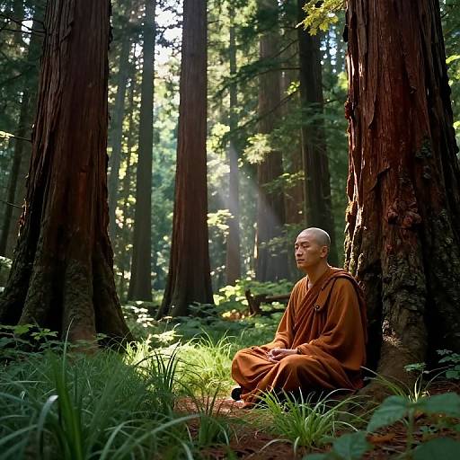 Photograph of a bald, serene Buddhist monk in orange robes sitting meditatively on forest floor, surrounded by tall redwood trees and dappled