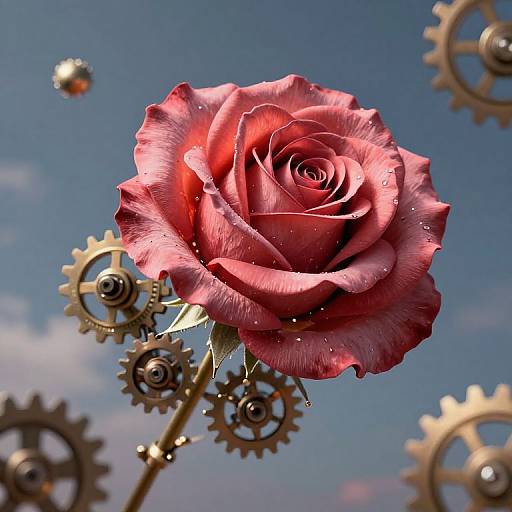 Photograph-like digital artwork of a vibrant pink rose with dew drops, surrounded by metallic gears against a clear blue sky.