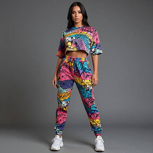 Photograph of a woman with long black hair wearing a colorful, abstract crop top and matching pants, standing against a gray background, with white sneakers.