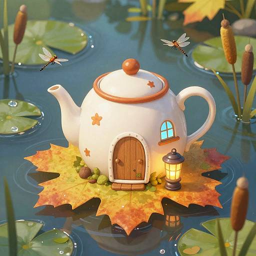 Whimsical digital painting of a teapot house with orange roof, wooden door, and lit lantern on a leafy pond, surrounded by dragonflies