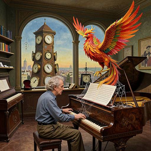 Elderly man playing piano as a vibrant, fiery phoenix hovers above sheet music in a clock-filled, sunlit study. Digital art.