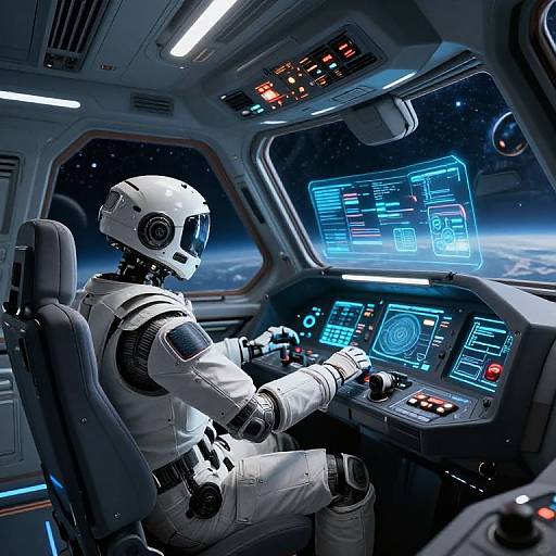 Photorealistic digital art of an astronaut in a white spacesuit, seated in a high-tech spaceship cockpit, navigating through space.