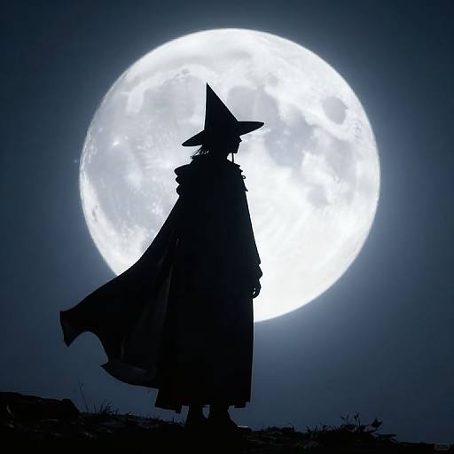 Silhouetted witch in pointed hat and flowing cloak stands against a glowing full moon in a dark, night sky.