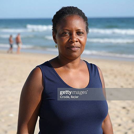 Photograph of a smiling Black woman with short curly hair, wearing a dark blue sleeveless top, standing on a sunny beach with ocean waves in the