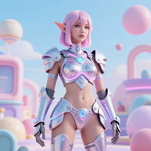 Digital art of a pink-haired elven woman in shiny, futuristic silver armor, standing in a pastel-colored, whimsical, sci-fi background.