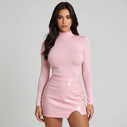 Photograph of a woman with long black hair, wearing a form-fitting, long-sleeved, light pink mini dress with a high neckline and
