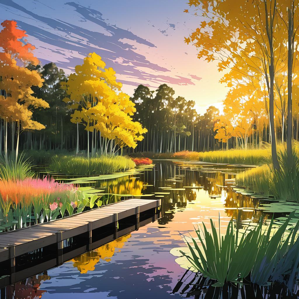 Serene Autumn Wetland Boardwalk Sketch