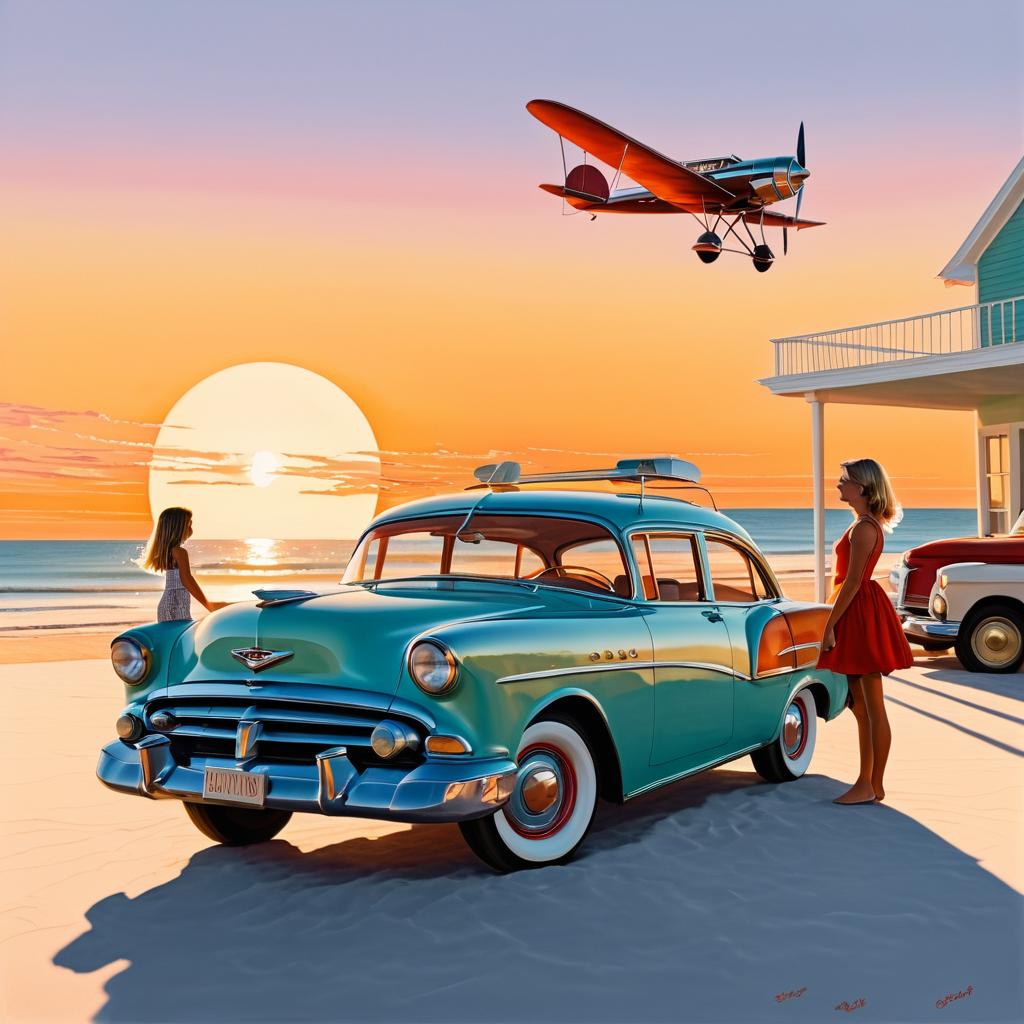 Surreal Beach Scene with Vintage Car