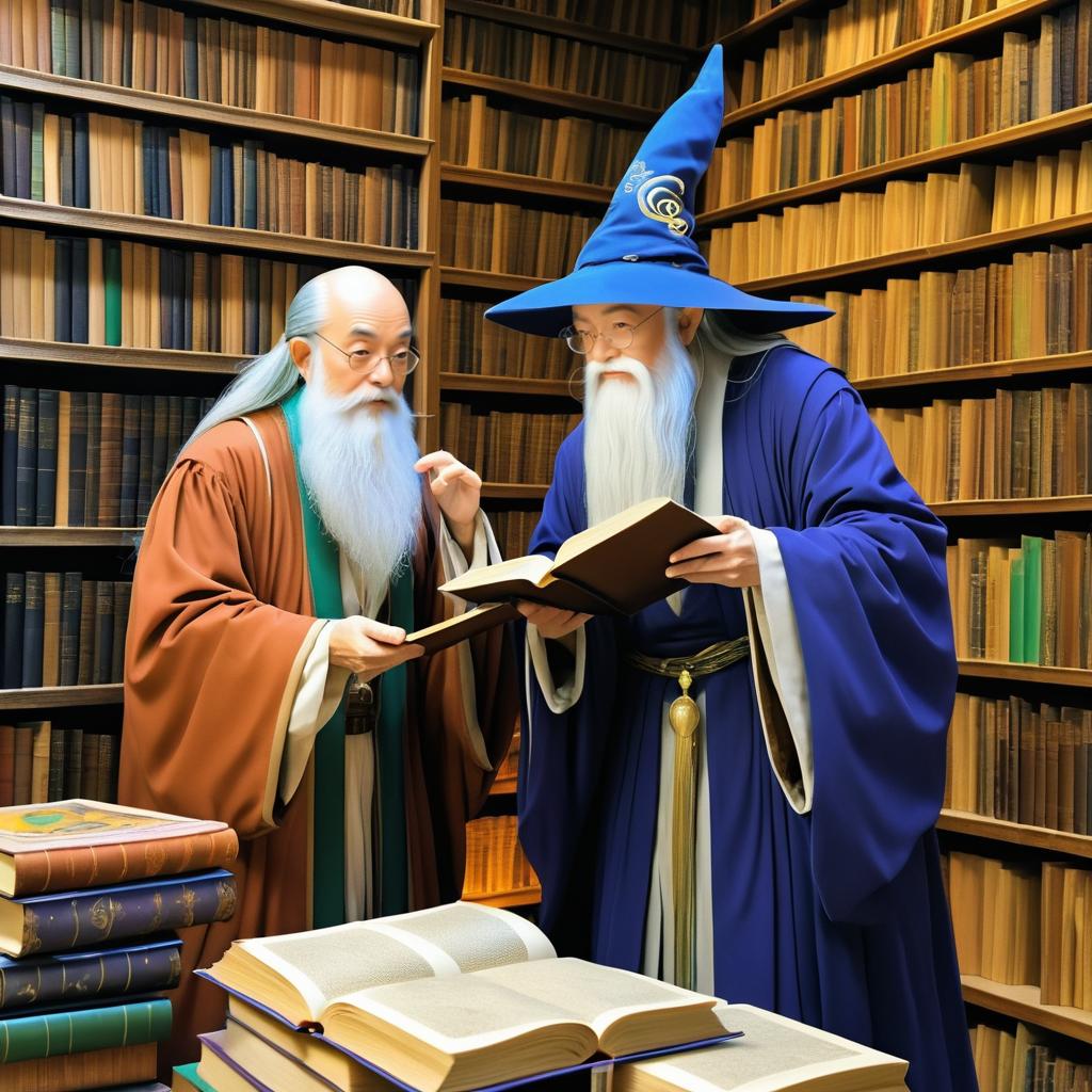 Wise Wizard and Apprentice in Mystical Library