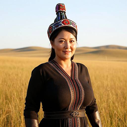 Photograph of an Asian woman with dark hair in a traditional black dress and floral headpiece, smiling in a golden grass field.