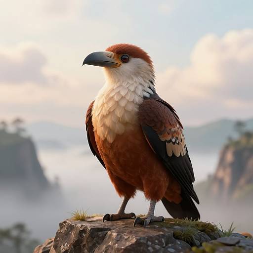 Digital artwork of a detailed, colorful bird with reddish-brown feathers, white chest, and black beak standing on a rocky outcrop, with