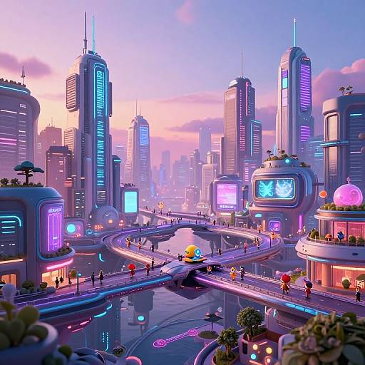 Vibrant futuristic cityscape at sunset, featuring neon-lit skyscrapers, glowing billboards, futuristic cars, and pedestrians on a circular road