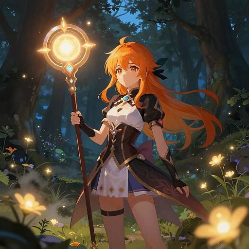 Digital anime-style illustration of a red-haired girl with orange eyes, holding a glowing staff, surrounded by enchanted forest with glowing fireflies.