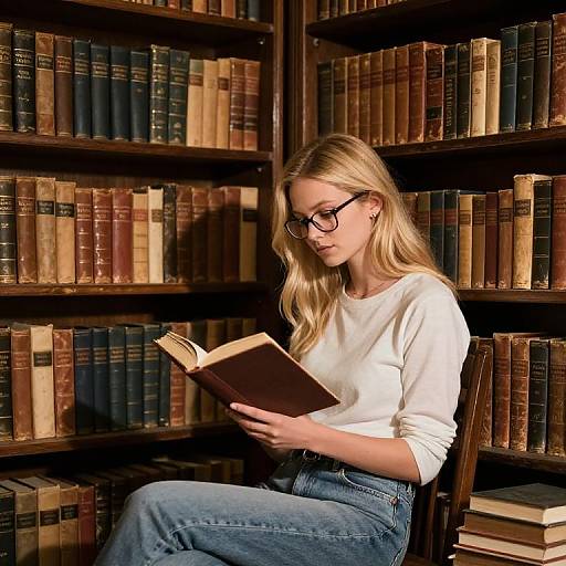 Blonde woman in white sweater and blue jeans, wearing glasses, reads a book in a dimly lit library with wooden bookshelves. Photograph.