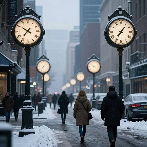 Photograph of a snowy urban street with vintage clock street lamps, people in winter coats walking, and snow-covered sidewalks.