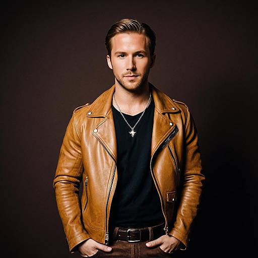 Young Man in Light Brown Leather Jacket