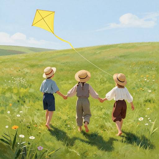 Vintage Children Flying Yellow Kite