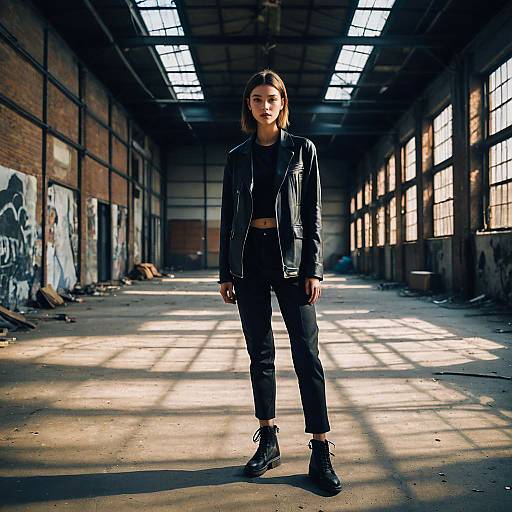 Young Woman in Black Leather Jacket in Abandoned Warehouse