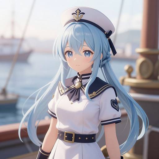 Digital anime-style illustration of a cute blue-eyed, long blue-haired girl in a white naval uniform with black accents, standing on a sunlit dock.