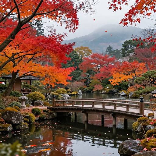 Photograph of a serene Japanese garden with a wooden bridge, vibrant red-orange autumn leaves, pond with koi fish, and traditional house.