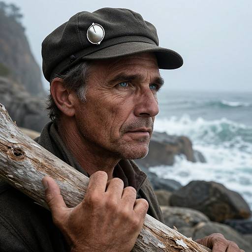 Photograph of a rugged, middle-aged man with blue eyes and gray hair, wearing a dark cap with a metal emblem, holding driftwood by a