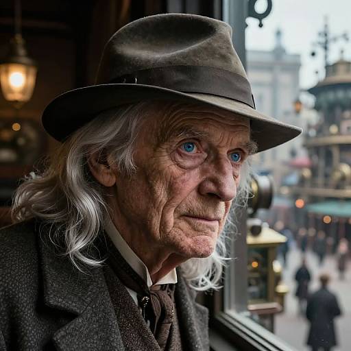 Photograph of an elderly man with blue eyes, gray hair, and wrinkles, wearing a brown fedora and coat, sitting by a window in a