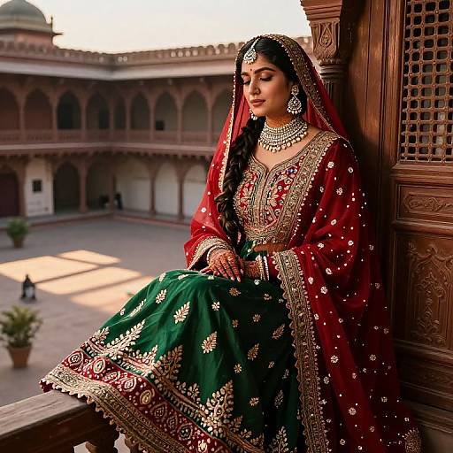 Photograph of an elegant Indian bride in a red and green embroidered lehenga, adorned with jewelry, sitting on a wooden balcony in a sunlit courtyard