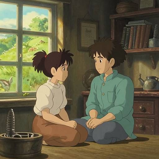Anime-style digital drawing of a boy and girl sitting on a wooden floor in a sunlit room, near a window with greenery outside. Boy wears