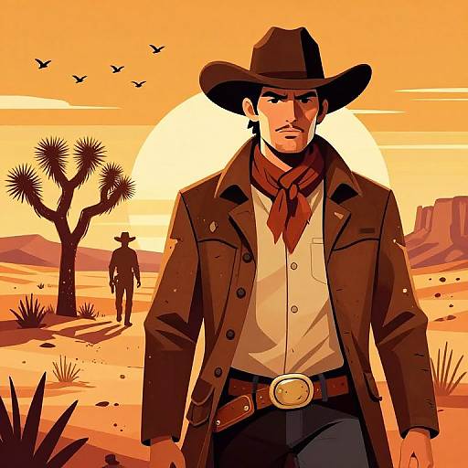 Digital illustration of a rugged cowboy in a brown hat, jacket, and scarf, standing in a desert sunset with another cowboy in the background. Orange and
