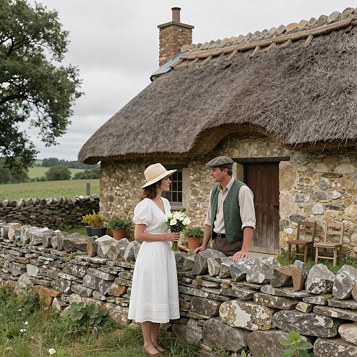 Couple by Stone Wall at Thatched Cottage