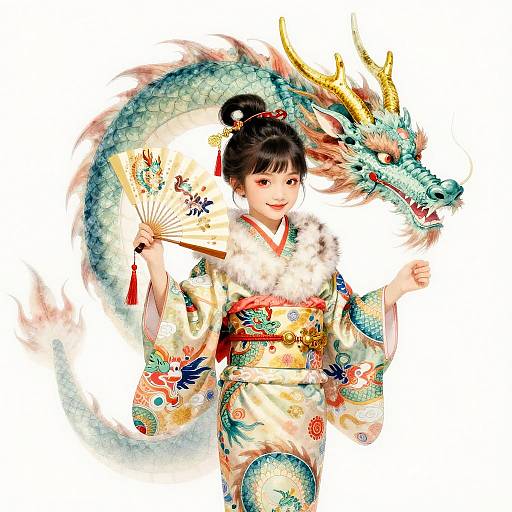 Child in Fur-Trimmed Kimono with Eastern Dragon