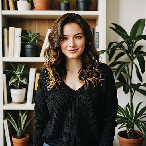 Young Woman by Bookshelves with Plants