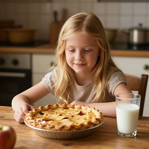 Photograph of a smiling blonde girl in a white shirt, leaning over a wooden table to eat a homemade apple pie, with a glass of milk beside