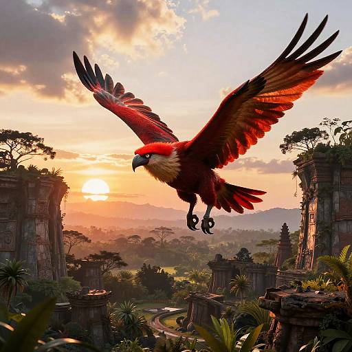 A vibrant red and black macaw soars over a sunlit, ancient ruin landscape with ruins, trees, and a colorful sunset sky. Digital art